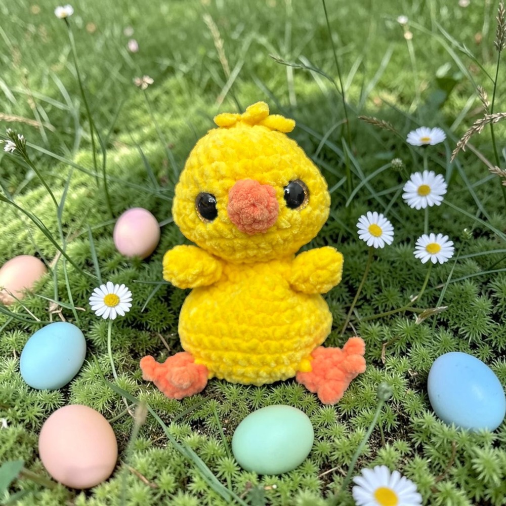 Handmade Crochet Chick Plush Yellow Chenille Amigurumi Easter Bird 7 Inch